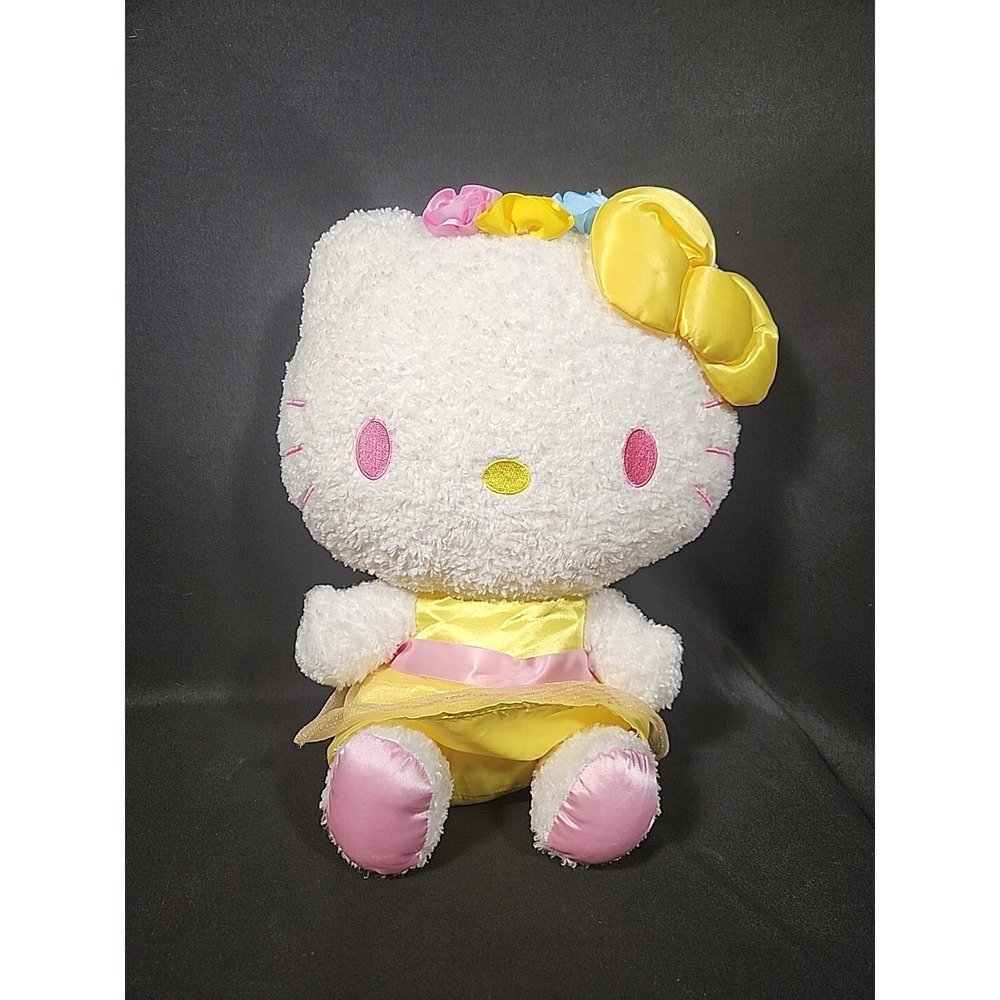 Sanrio Hello‎ Kitty Plush 2016 Yellow Satin Dress Flower Crown White Sherpa Doll